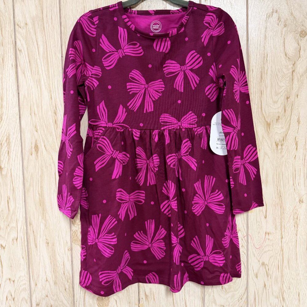 Wonder Nation Girls Rich Purple Bows Long Sleeve Play Dress